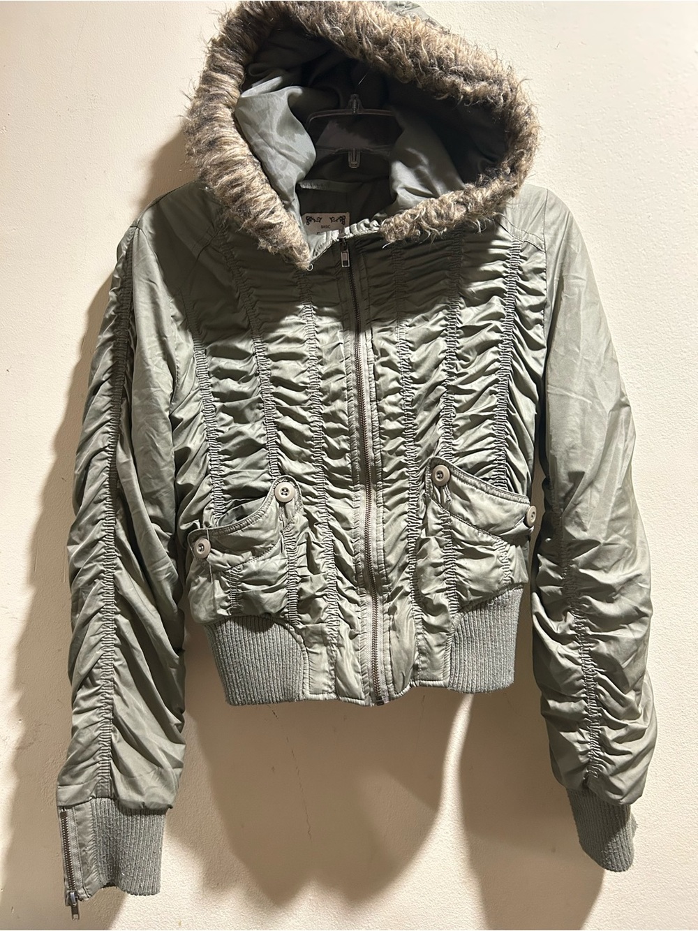 Basic Edge Clothing Ruched Bomber Jacket Faux Fur Hood - Women’s XS/S or Teen L